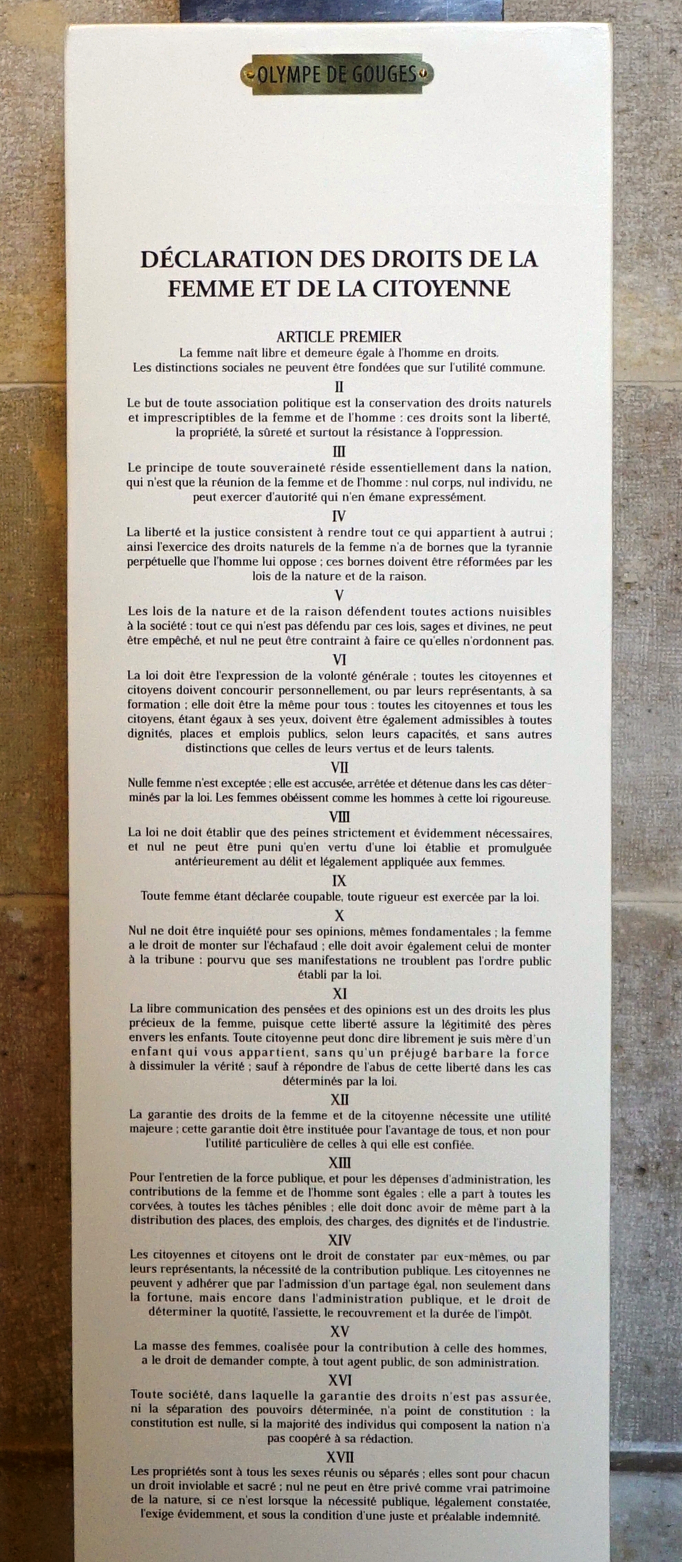 Déclaration des droits de la femme et de la citoyenne du 5 septembre 1791 :